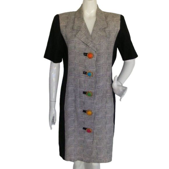 RICKIE FREEMAN/Teri Jon Dress, L, Houndstooth, Colorful Buttons,Black/Gray plaid - Picture 1 of 11